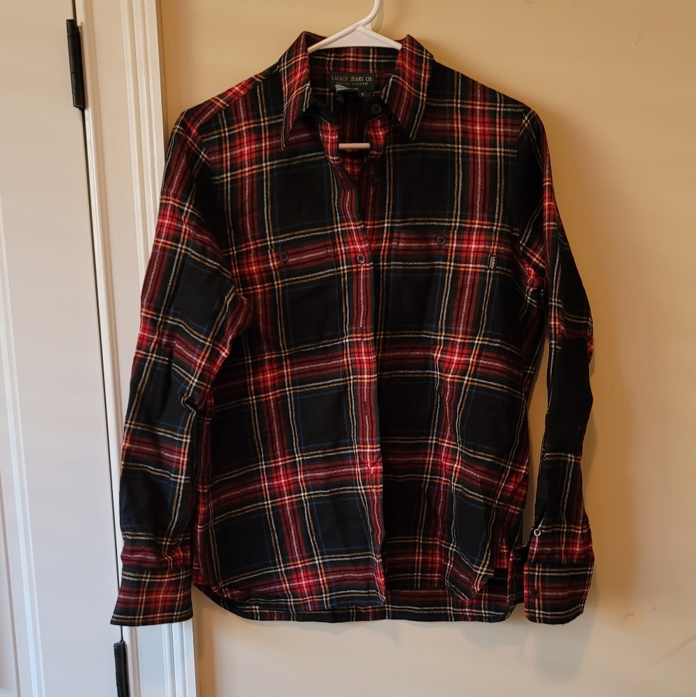 Ralph Lauren Black Red Wool Plaid Button Long Sleeve Shirt With Suede Elbow Pads